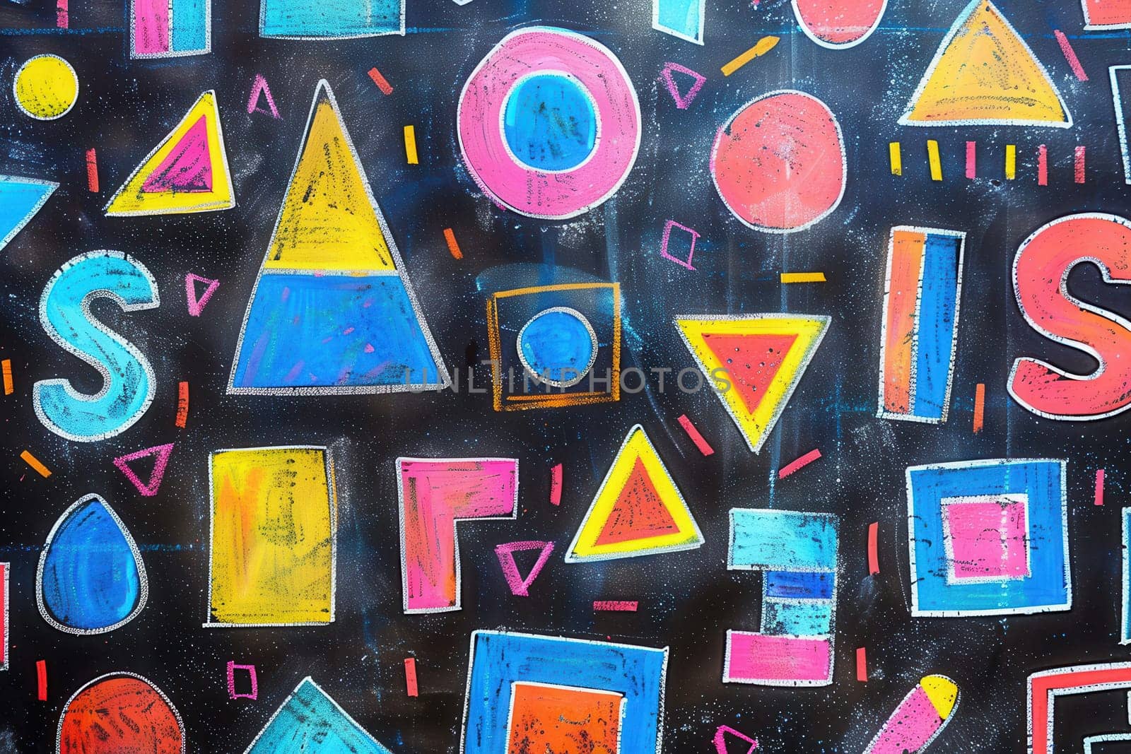 A blackboard is filled with vibrant geometric shapes and patterns, showcasing creativity and color in an educational environment.