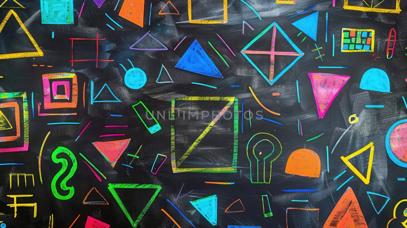 A classroom blackboard displays vibrant geometric shapes and patterns drawn with colorful chalk by students during an interactive art session.