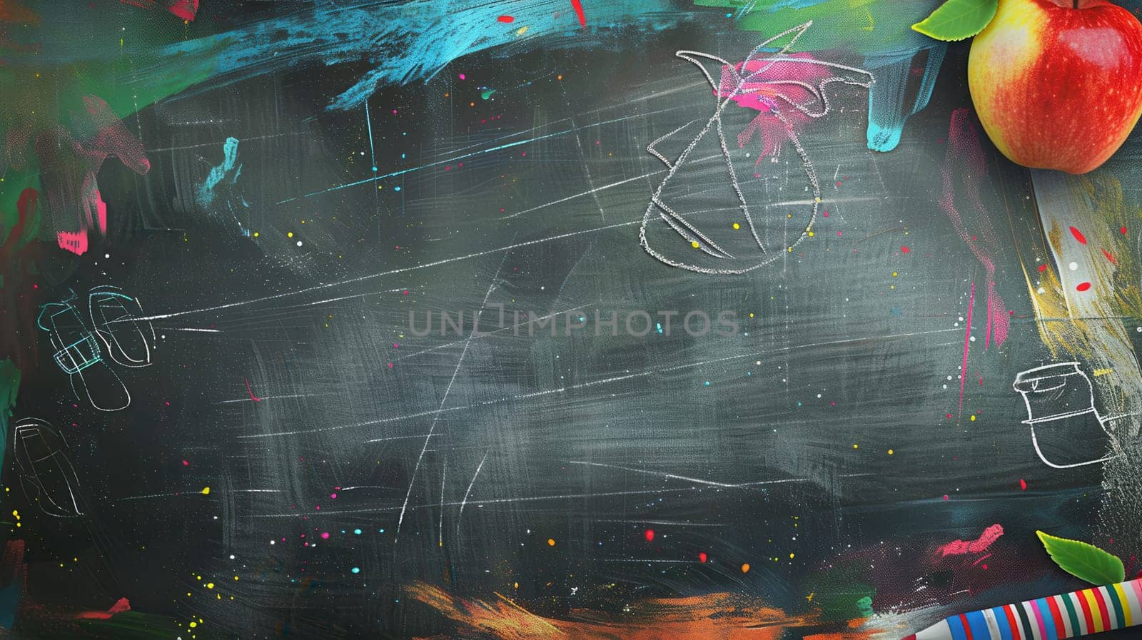 A chalkboard is adorned with colorful brush strokes and detailed drawings of globes, rulers, calculators, and lightbulbs, enhancing the classroom atmosphere.