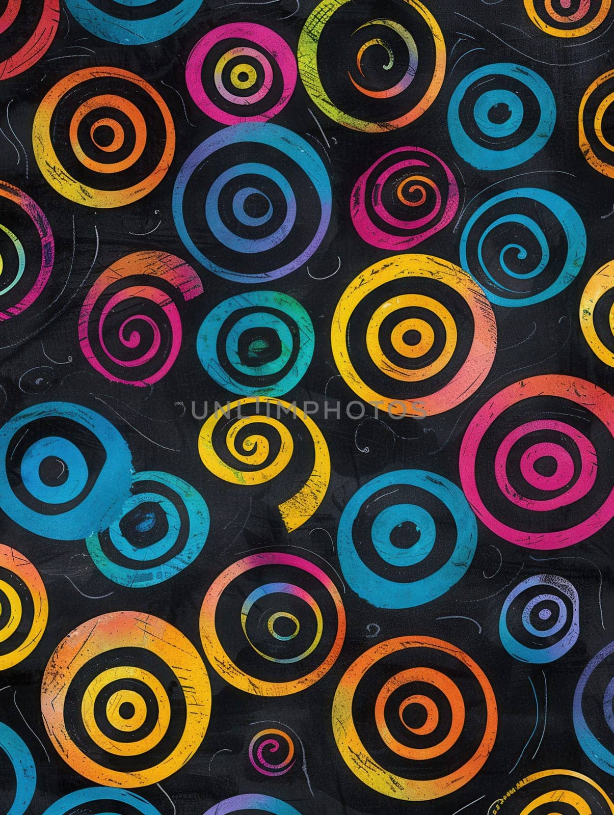A chalkboard showcases a dynamic array of colorful spirals and abstract shapes, inviting creativity and imagination in a learning space.