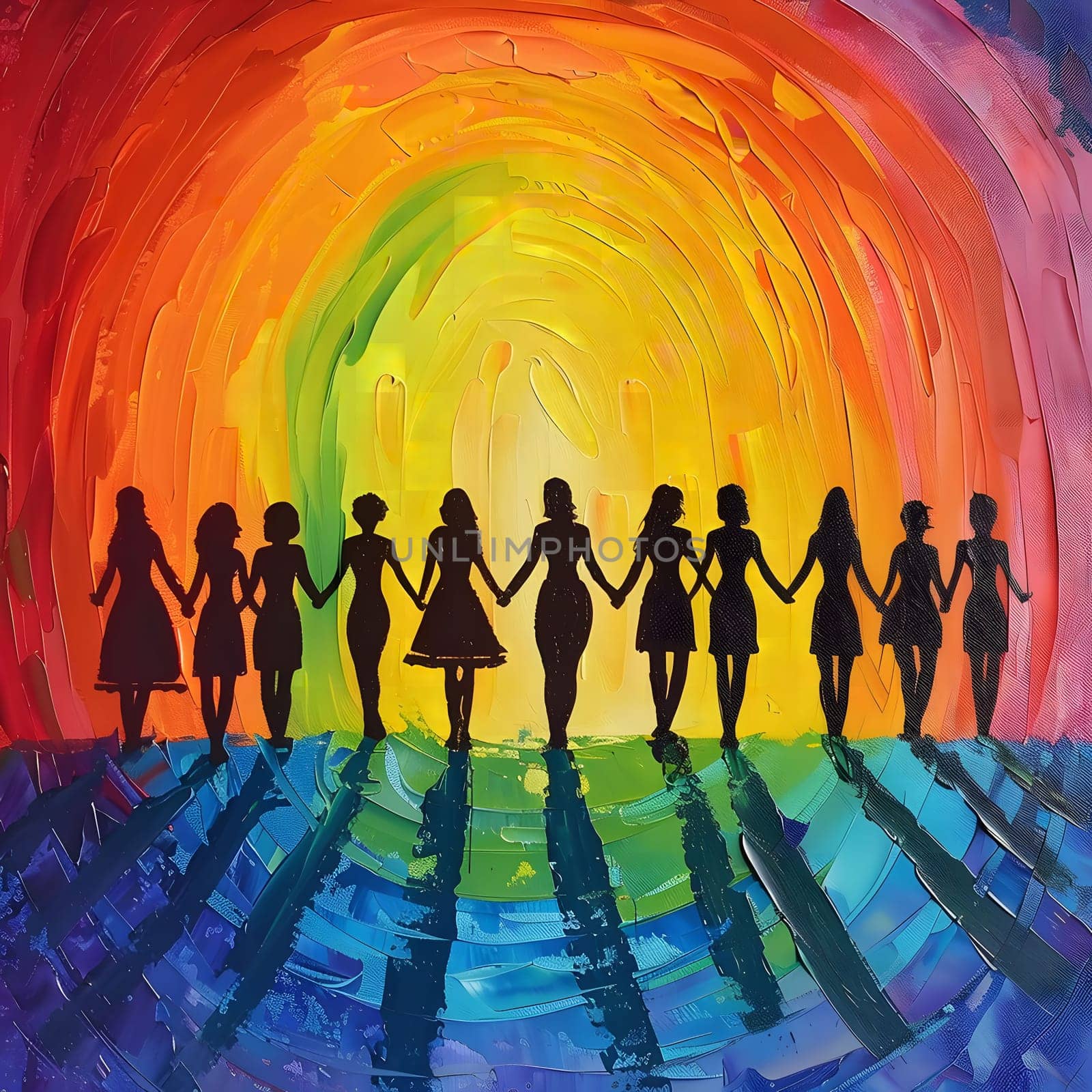 An abstract painting depicting silhouettes of women holding hands, standing against a backdrop of a vibrant, colorful sunset. The painting conveys themes of unity, hope, and togetherness.