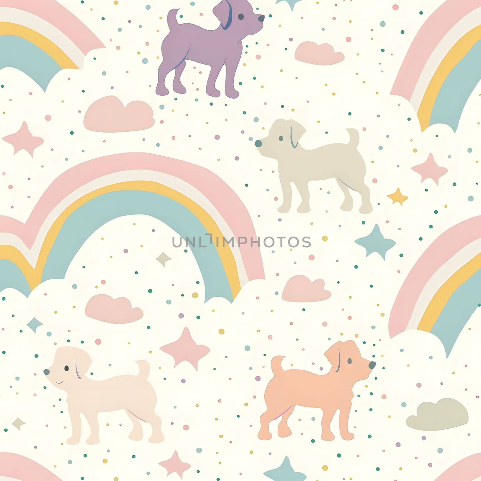 A cheerful pattern featuring rainbow, clouds, and playful dogs in a pastel color scheme. Perfect for children's decor or any project needing a touch of whimsy.