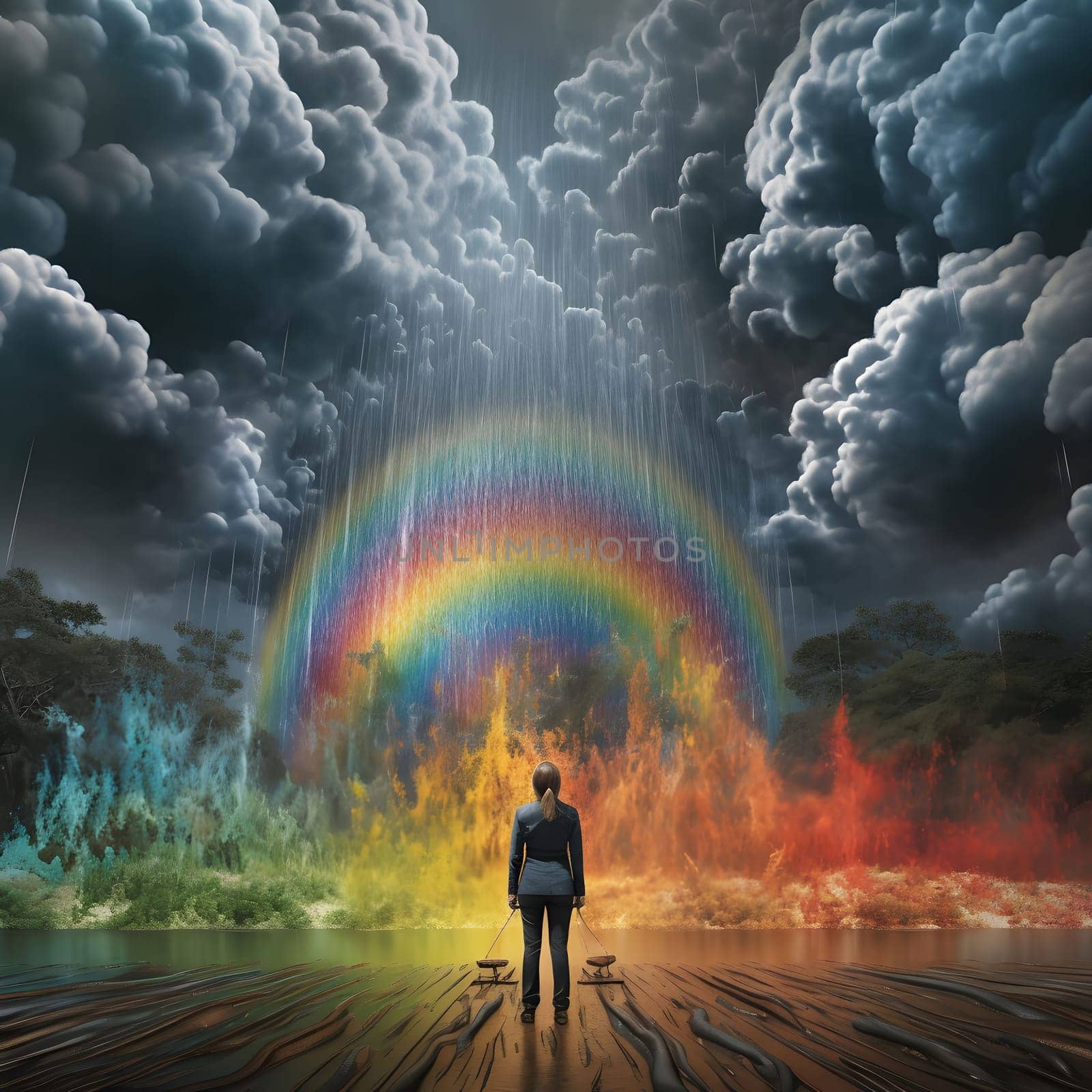 A solitary woman stands facing a vibrant rainbow against a backdrop of dramatic storm clouds, showcasing an inspiring contrast of hope and darkness.
