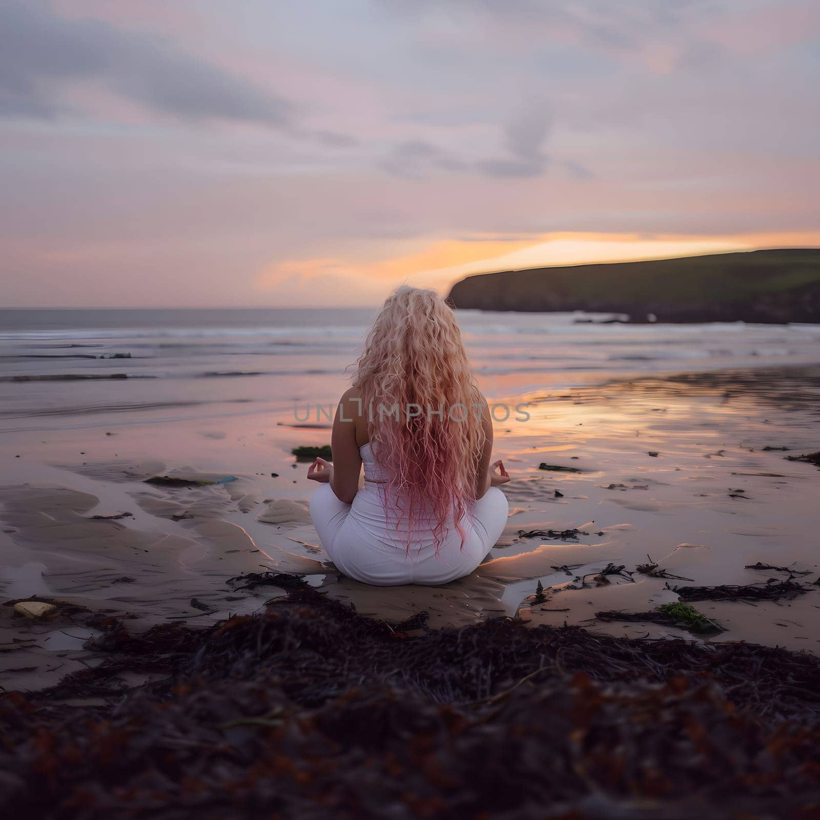 A woman sits in a meditative pose on a sandy beach, facing the ocean at sunset. The sky is ablaze with shades of pink and orange, reflecting on the water and creating a serene and tranquil atmosphere.