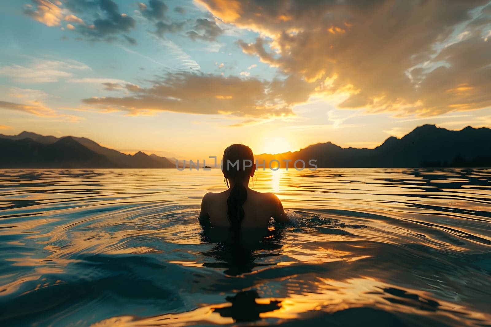 A woman swims in a lake at sunset, with mountains in the background. The sky is a beautiful mix of golden and blue colors.