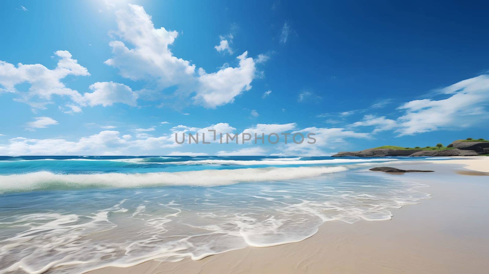 A picturesque scene of a tranquil beach, featuring shimmering turquoise waters lapping gently at the sandy shore. The sky is a vibrant azure canvas, dotted with fluffy white clouds, and the sun bathes the scene in a warm, golden glow.