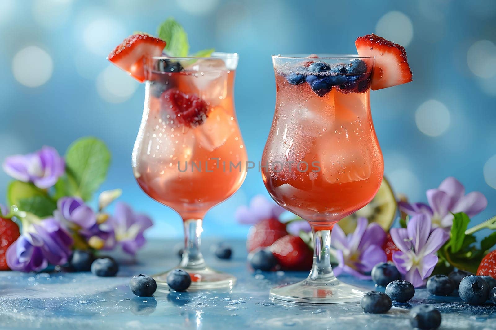 Two refreshing summer cocktails with berries, mint, and ice in elegant glasses, creating a vibrant and delicious scene.