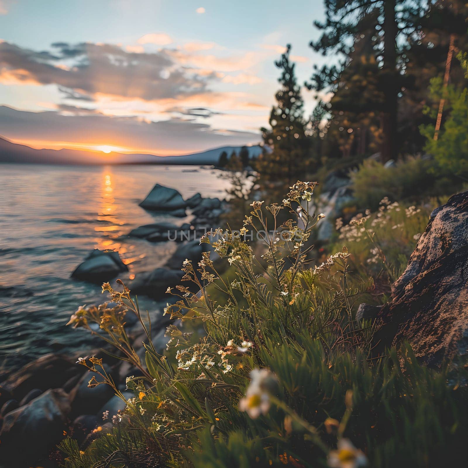 A beautiful sunset over a lake with a mountain range in the background. The sun is setting behind the mountains, casting a golden glow over the water. The sky is a mix of orange, yellow, and red.