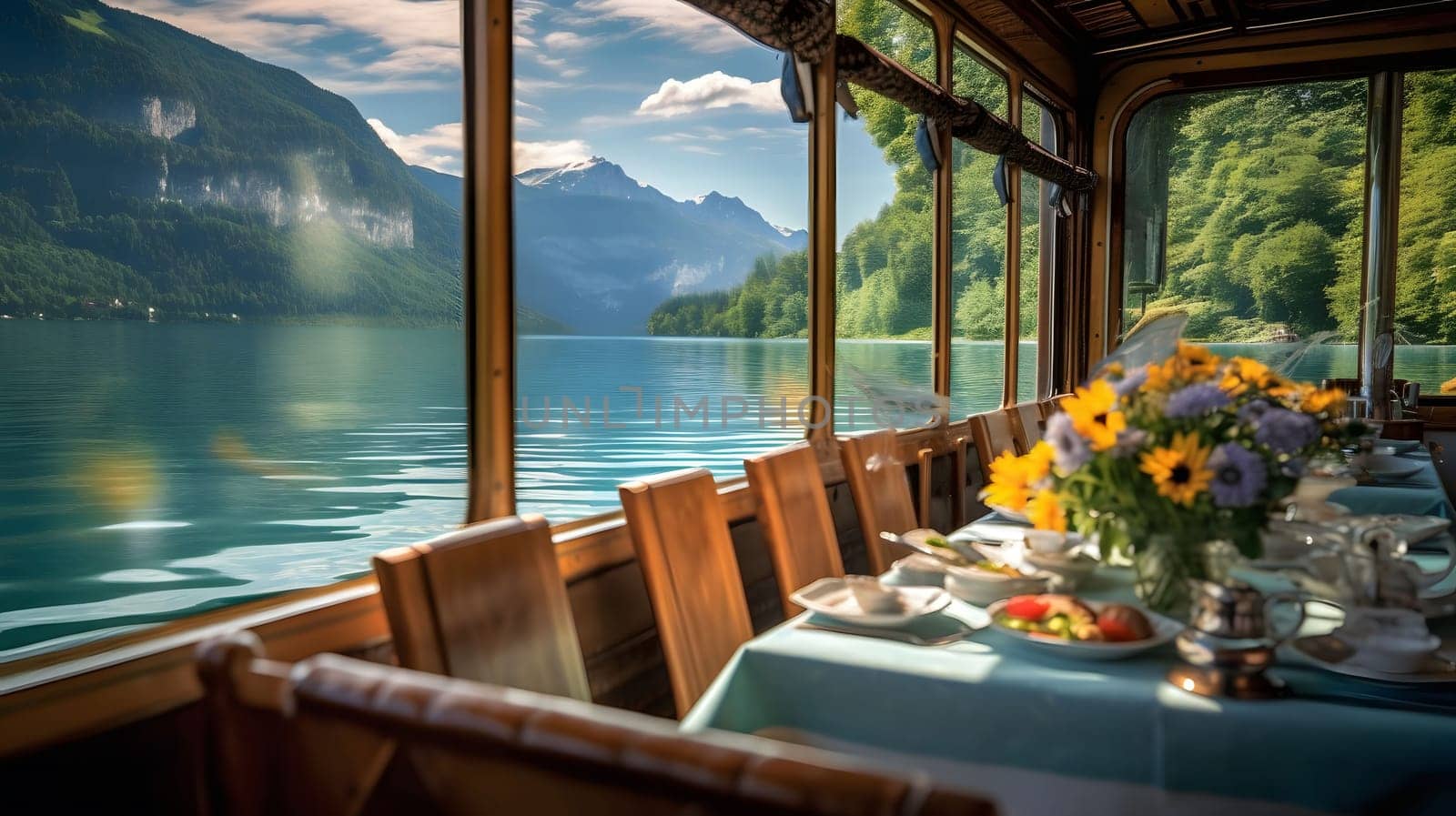 A tranquil scene of a boat ride with a breathtaking view of mountains and a serene lake. The sunlight bathes the landscape in a warm glow, creating a sense of peace and serenity.