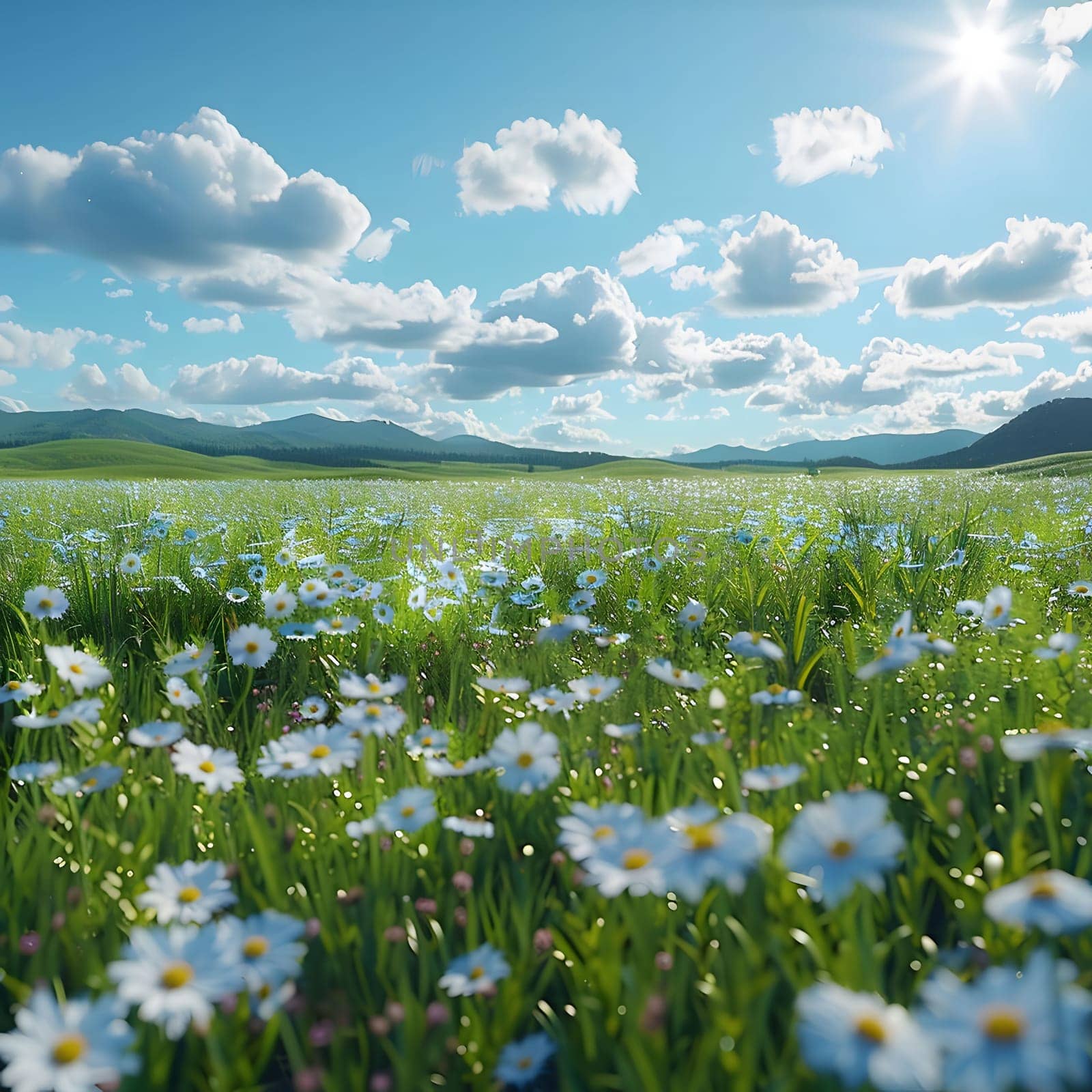 A sunny meadow with white flowers in full bloom. The sky is blue and the grass is green, and there is a soft sun shining through the clouds.