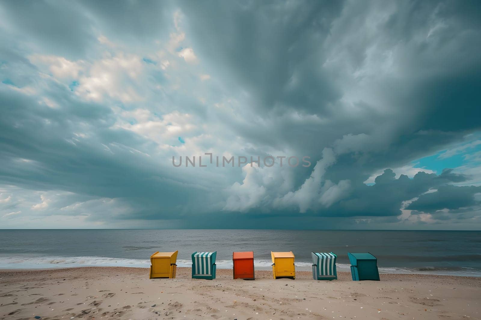 A row of colorful beach chairs stand on the sandy shore, facing the ocean under a dramatic stormy sky. The clouds create a sense of anticipation for the coming storm.