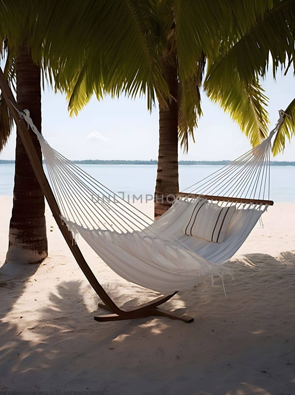 A white hammock hanging between two palm trees on a beautiful tropical beach with blue water and clear sky in the background. The perfect spot to relax and enjoy the scenery.