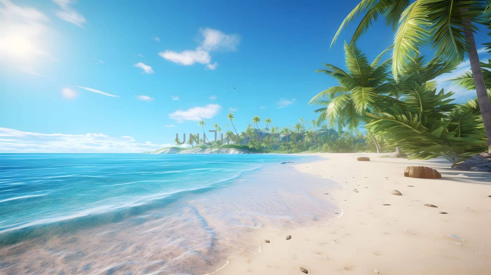 A picturesque tropical beach scene showcasing crystal clear waters, soft white sand, lush palm trees, and a vibrant blue sky. The perfect getaway for relaxation and escape.