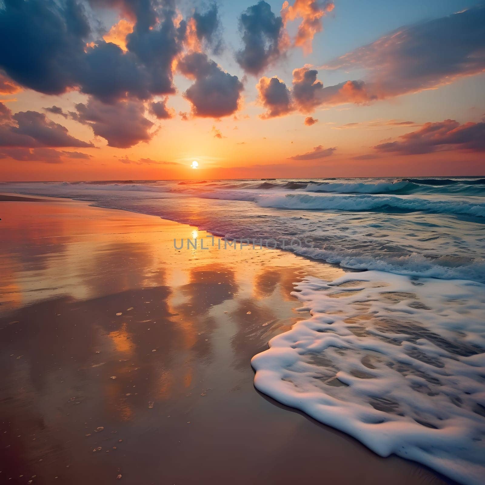A beautiful sunset over the ocean, with a golden sky and clouds reflecting in the water. The waves are gently rolling in, creating white foam on the sand.