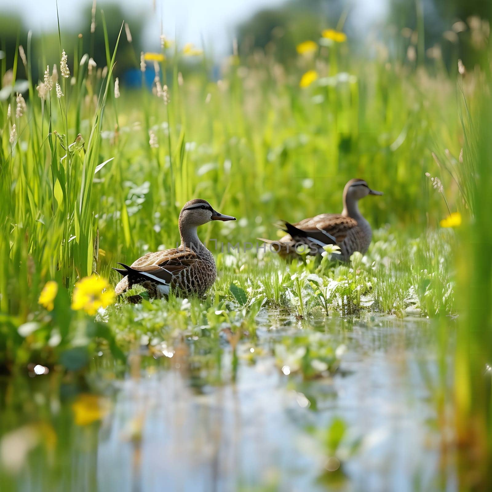 Two ducks are seen swimming in a small pond surrounded by lush green grass.