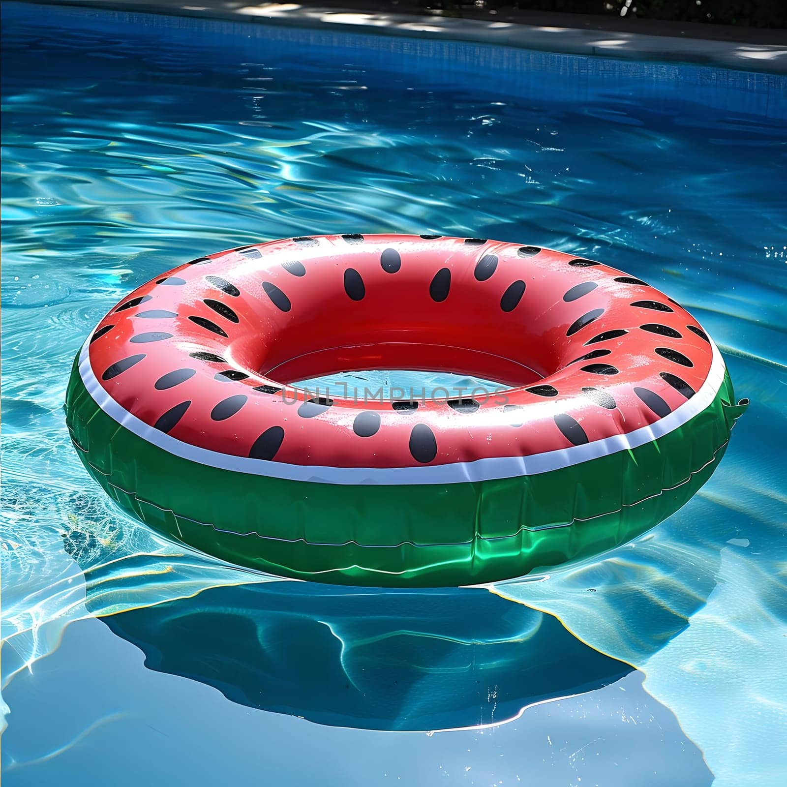 A red watermelon-shaped pool float with green rind and black seeds floating in a clear blue pool.