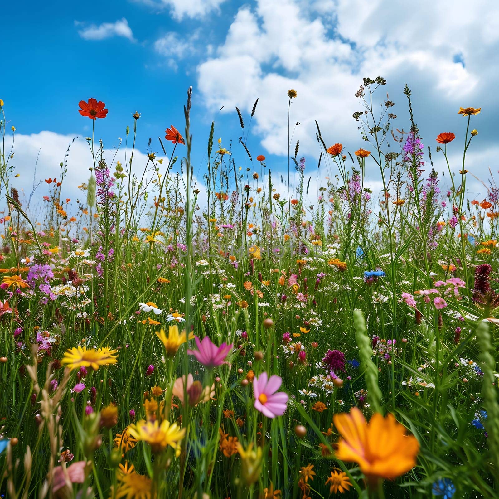 A stunning view of a lush meadow bursting with colorful wildflowers, bathed in the warm glow of summer sunshine. The blue sky and the vibrant blooms create a picture of pure joy and serenity.
