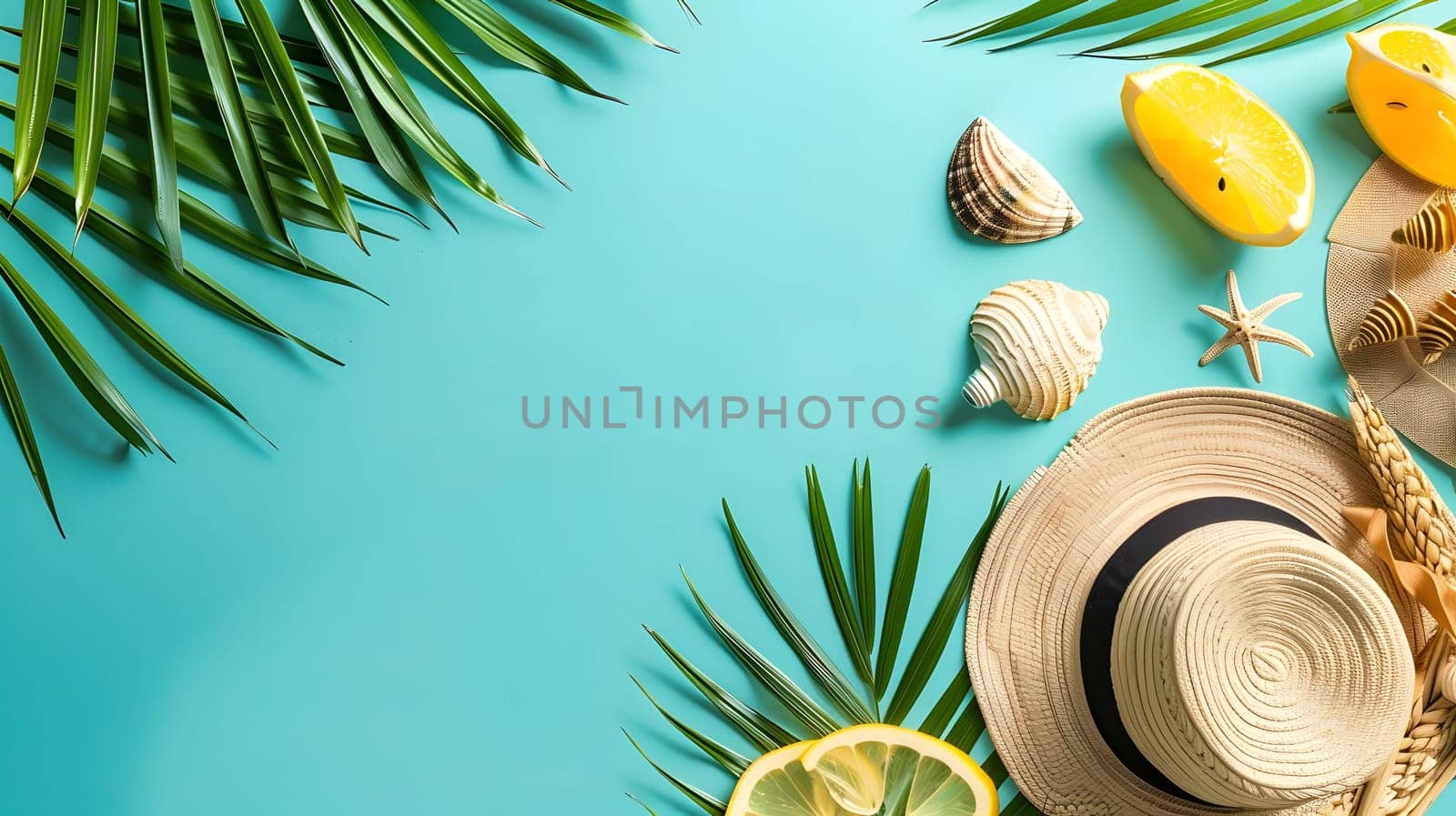 A flat lay with a tropical summer theme with a straw hat, fruits and seashells.