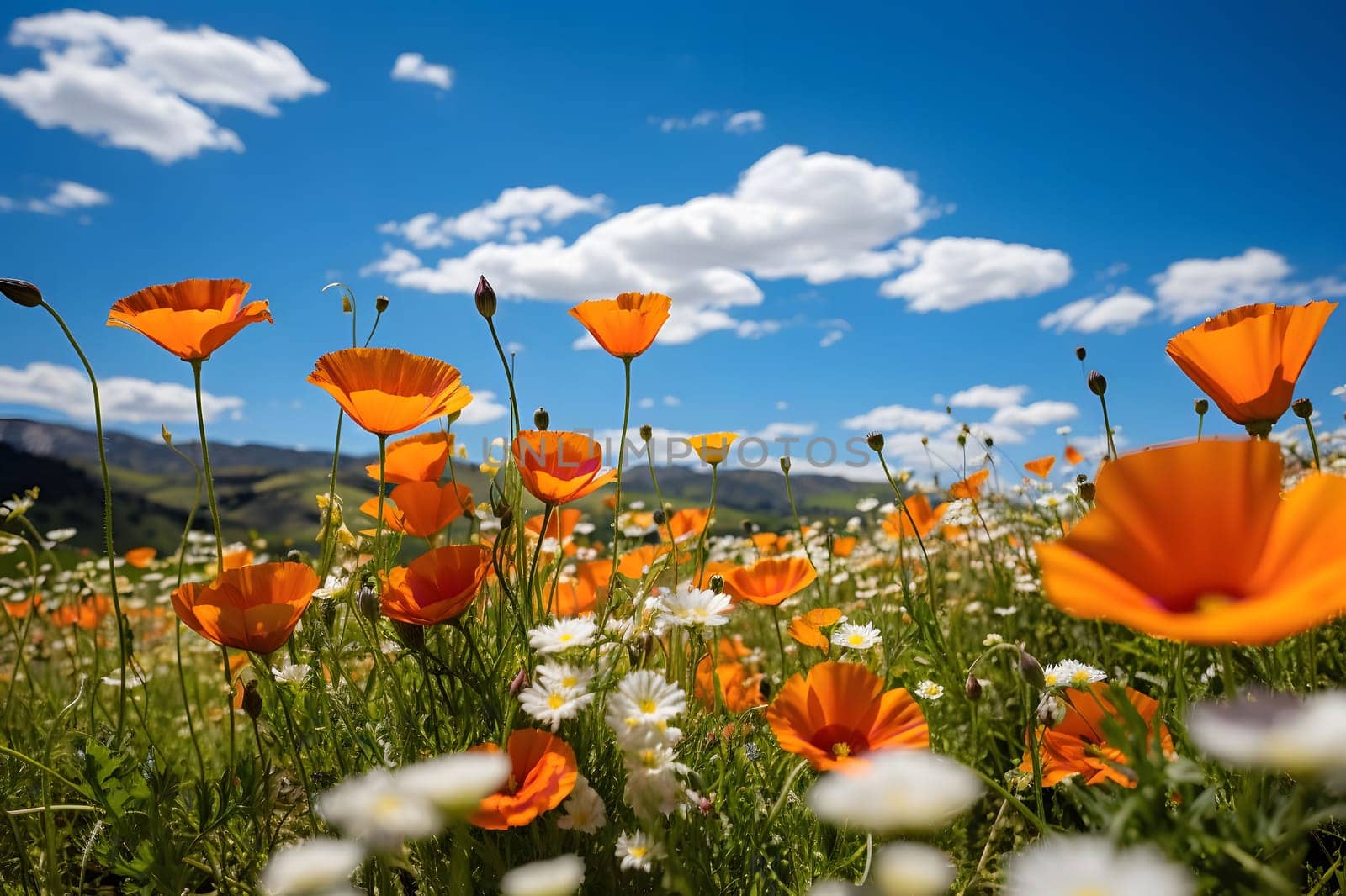 A vibrant field of orange poppies under a blue sky with white clouds. The flowers are in full bloom and the scene is bathed in sunlight.