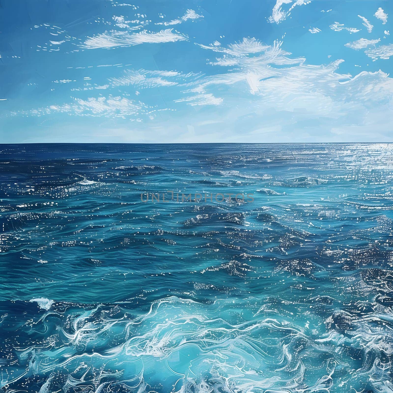 A serene digital painting of a blue ocean with a clear sky. The surface of the water is calm and reflects the sunlight, creating a peaceful and tranquil scene.