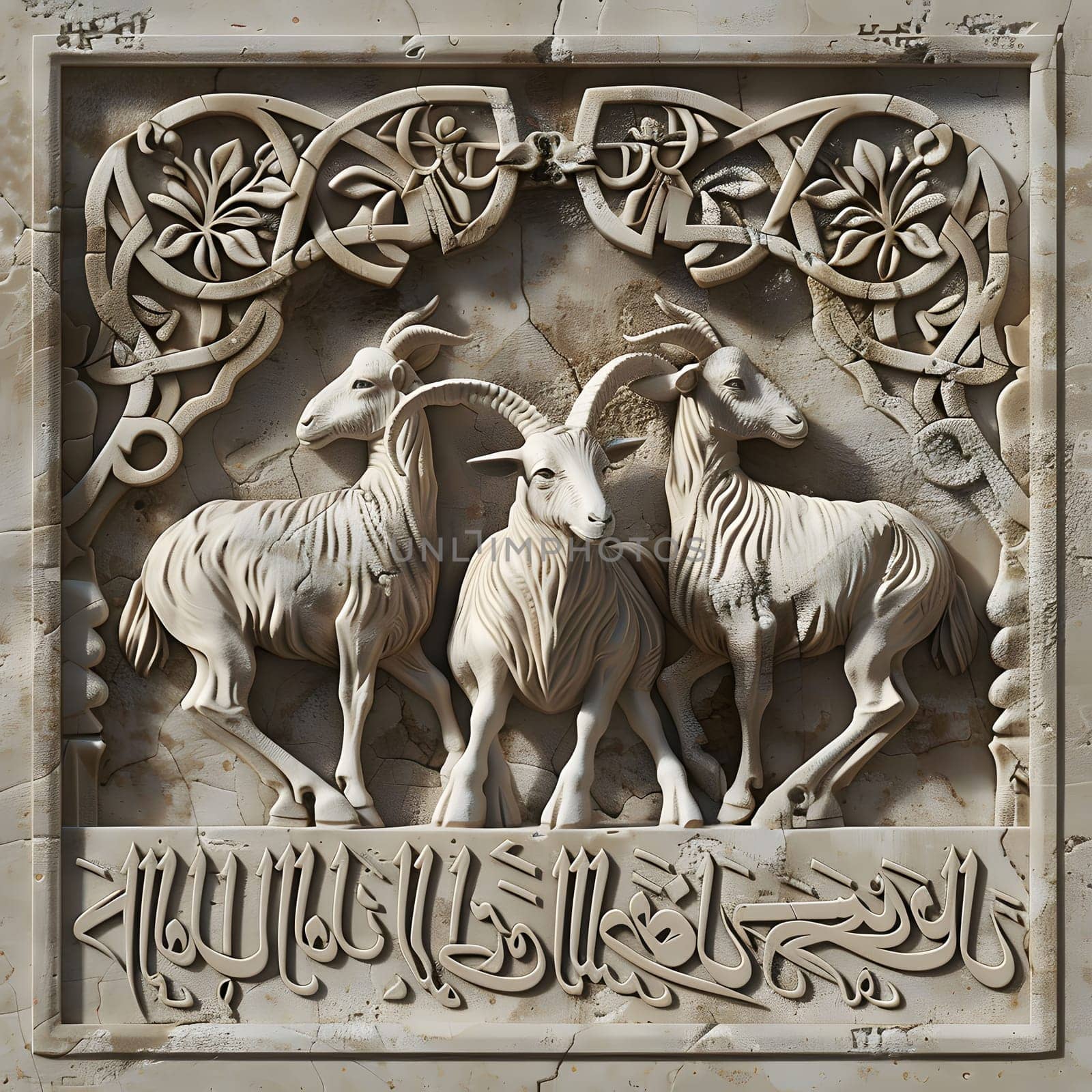 A close-up image of a marble relief carving depicting three goats. The carving is detailed and intricate, with intricate patterns and ornate details.