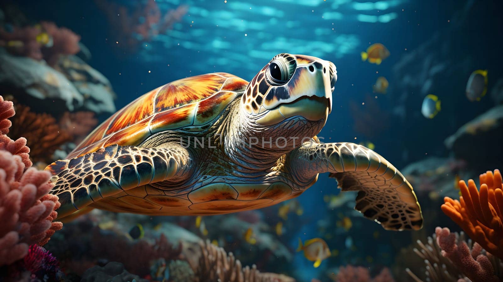 A close-up of a green sea turtle swimming through a vibrant coral reef, surrounded by colorful tropical fish. The turtle's shell and scales are beautifully detailed.