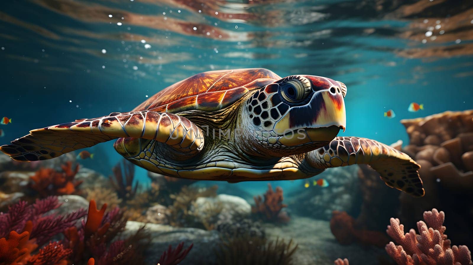 A sea turtle swims through a vibrant coral reef, showcasing the beauty of the underwater world.
