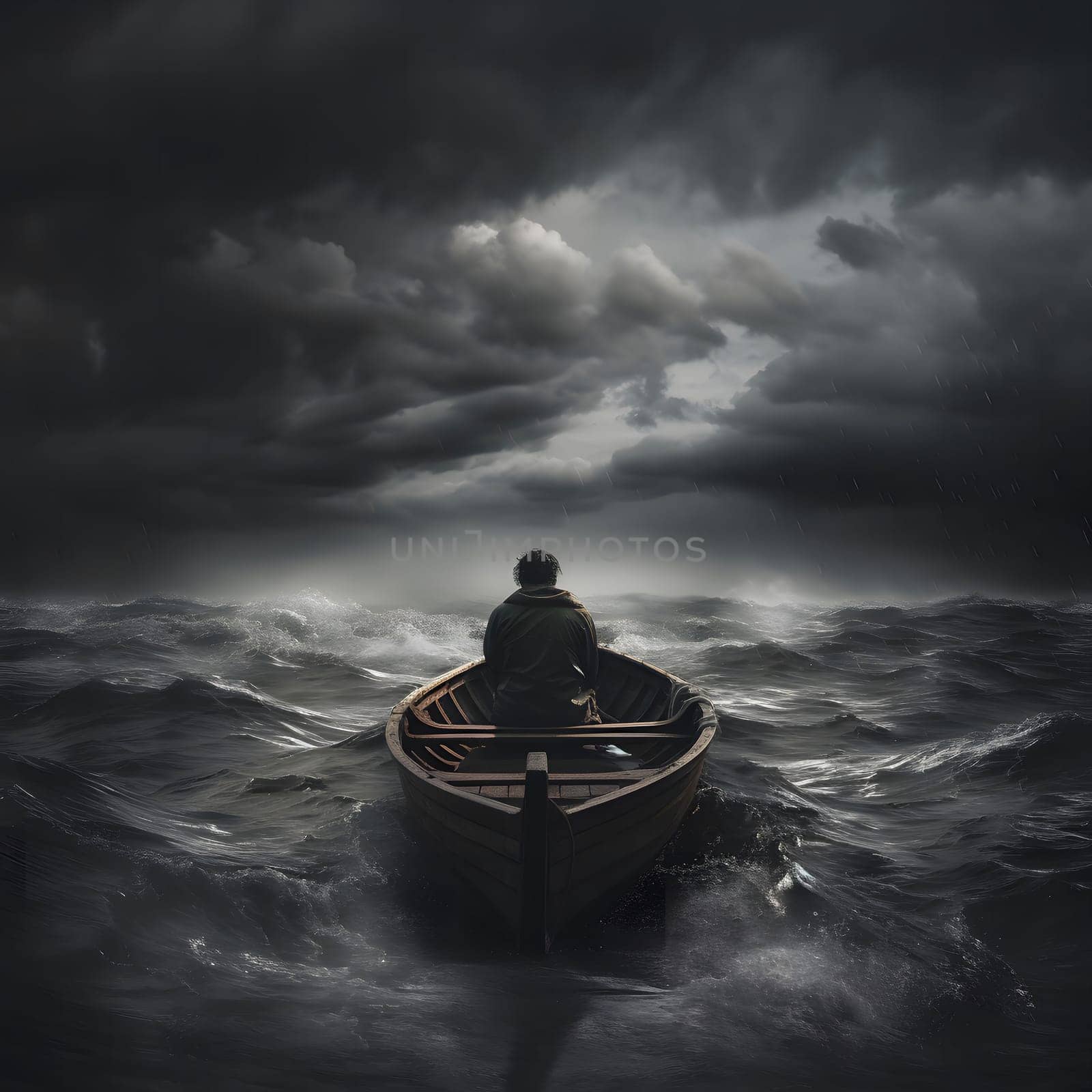 A man rows a small boat through stormy seas, the dark sky and turbulent waves reflect his challenging journey.