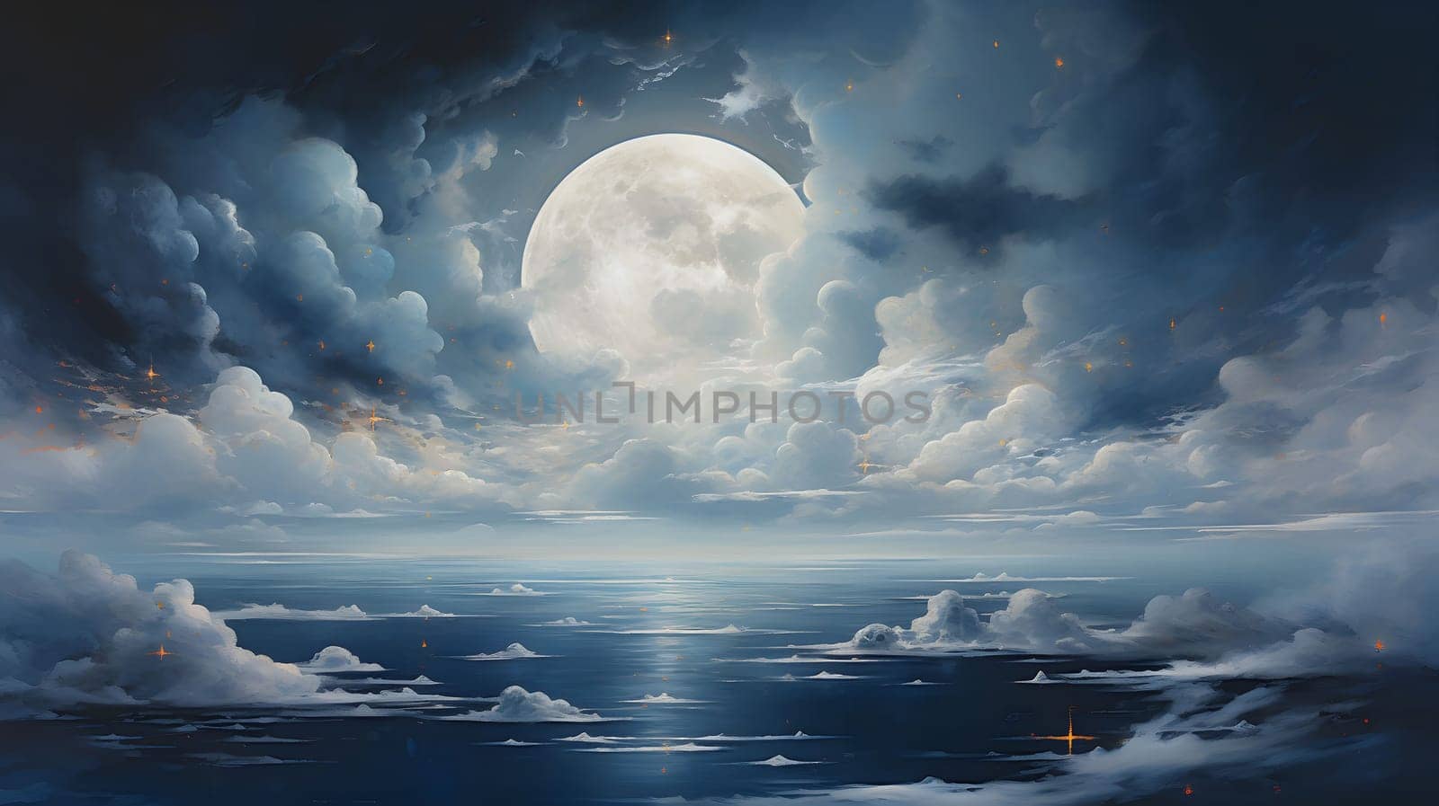 A full moon shines brightly over a dark ocean with fluffy clouds in the sky.