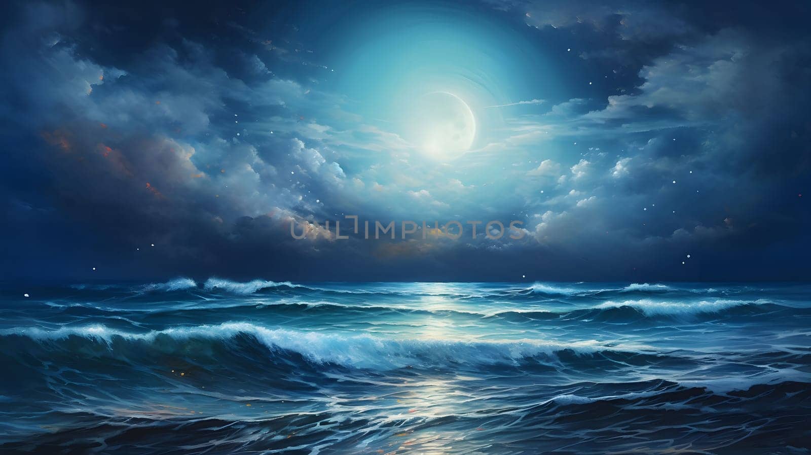 A serene night scene of the ocean, with waves crashing gently under the glow of a bright moon and a starlit sky.