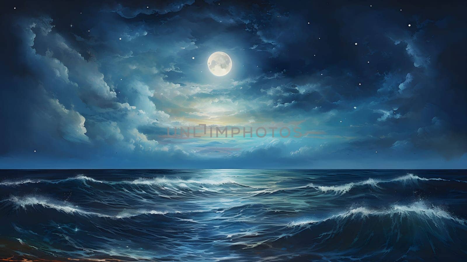 A beautiful night scene of a moonlit ocean with waves crashing against the shore and a starry sky above.