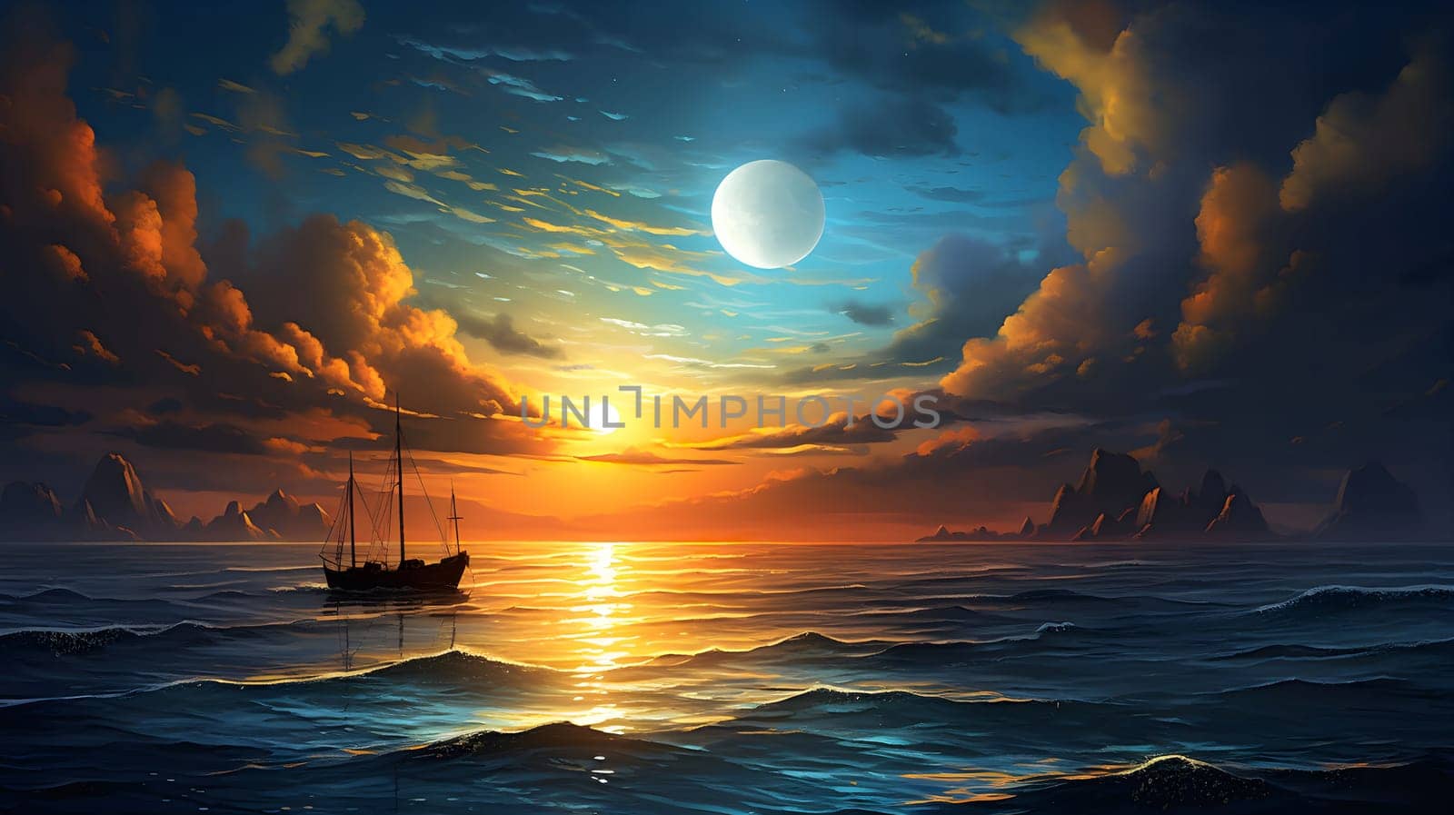 A sailboat sails on the ocean at sunset, with a golden sky, mountains in the distance, and a moon in the sky.