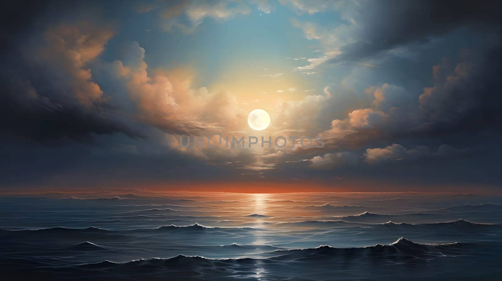 A digital painting of a dramatic sunset over a vast ocean, with fluffy clouds reflecting on the water.