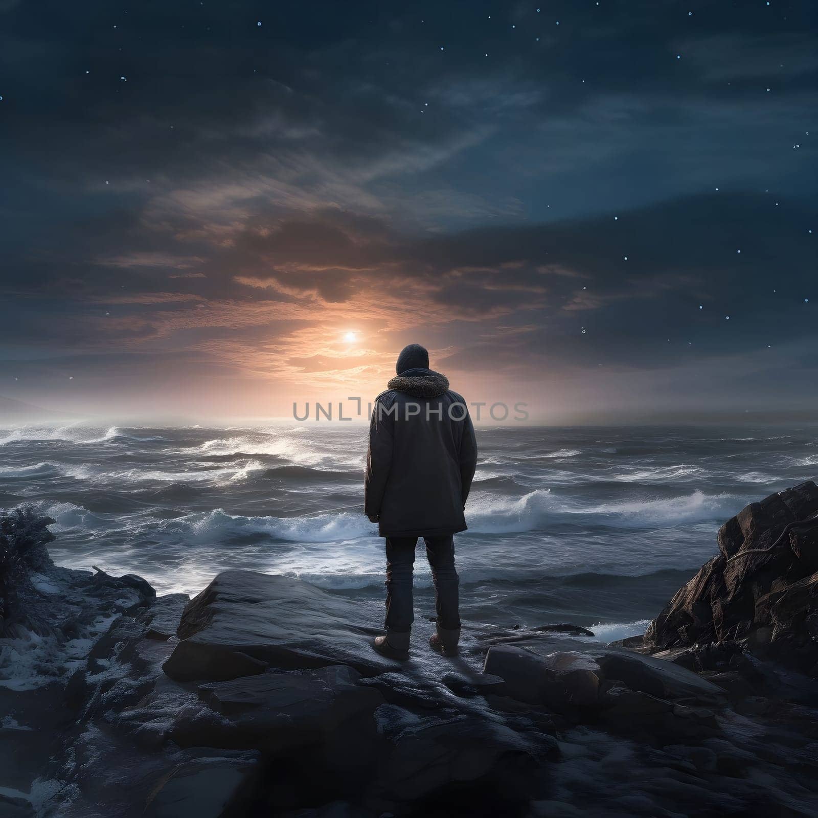 A lone figure stands on a rocky cliff overlooking a turbulent sea, bathed in the soft glow of a setting sun and the twinkling of stars above.