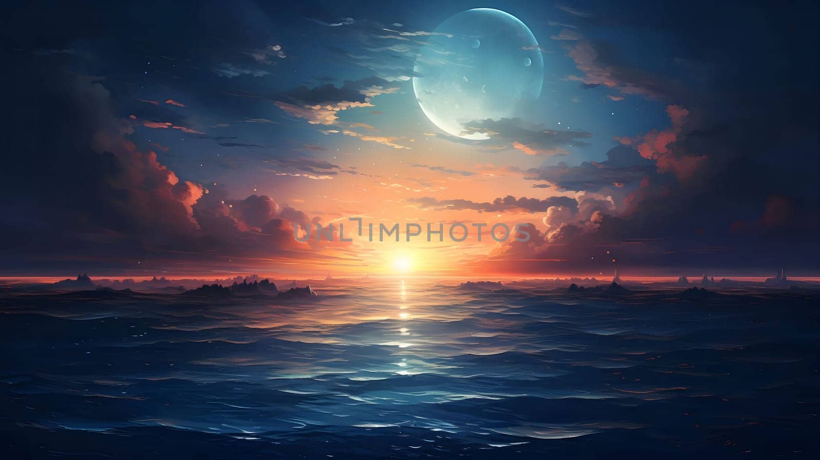 A digital painting of a magical sunset with a blue moon over a calm ocean, the clouds reflecting the golden hues of the sun and the moon.