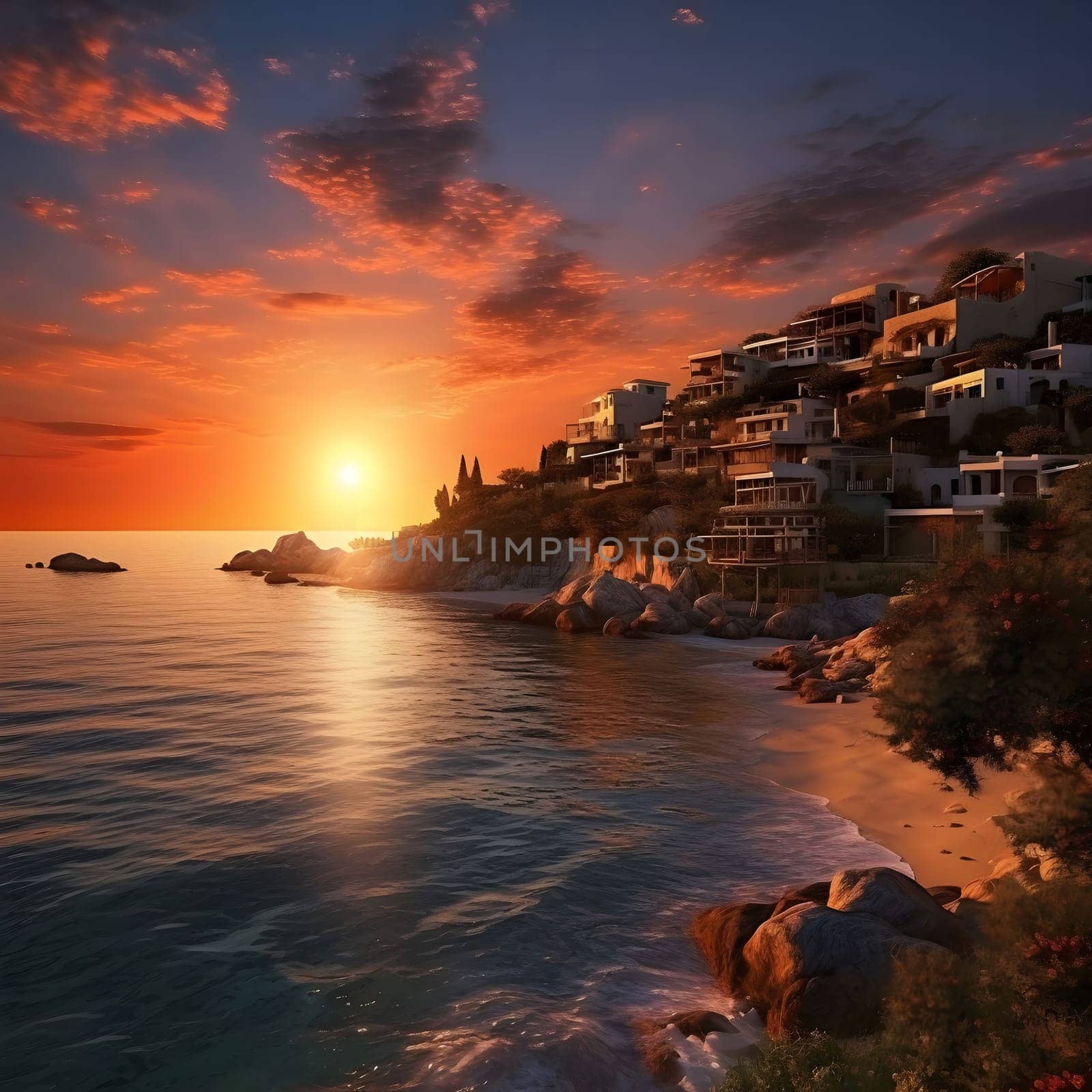 A picturesque seaside village basks in the golden glow of a stunning sunset, the tranquil ocean reflecting the vibrant hues of the sky.
