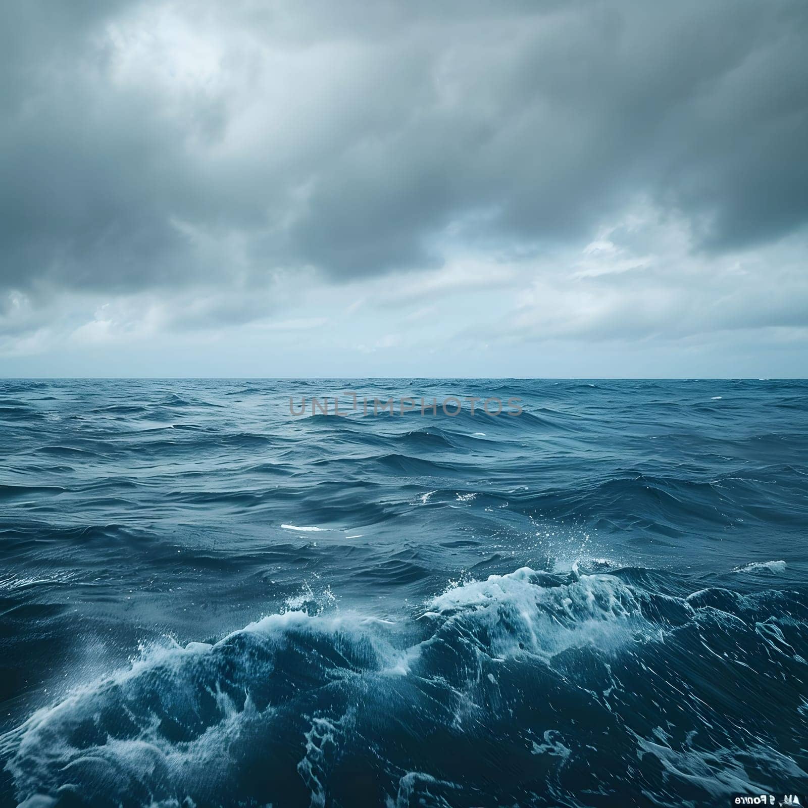A vast, blue ocean stretches out beneath a stormy sky, with waves crashing and breaking against the surface.