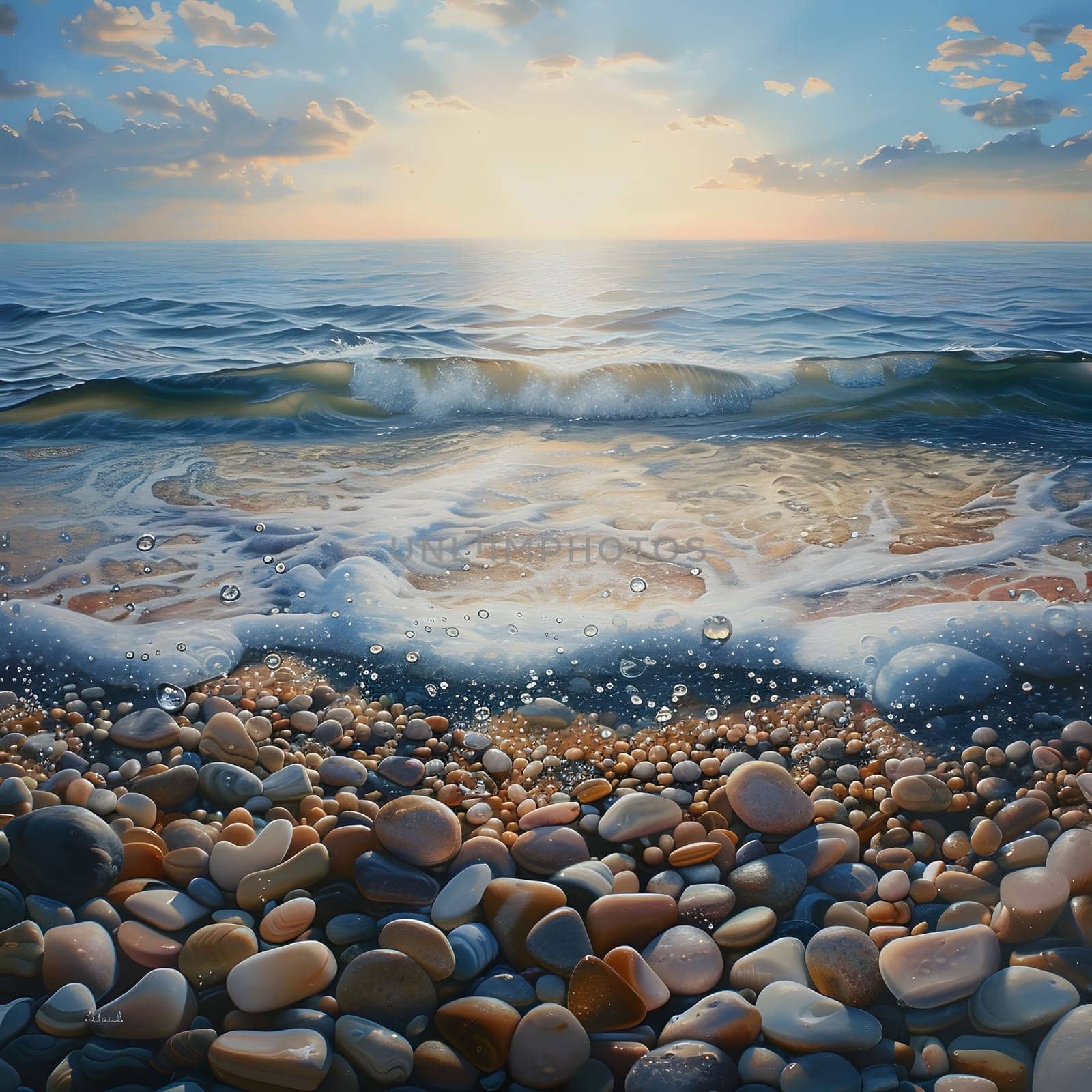 A serene seascape featuring a wave crashing onto a pebbly beach, with the sky and horizon glowing with the warm light of the setting sun.