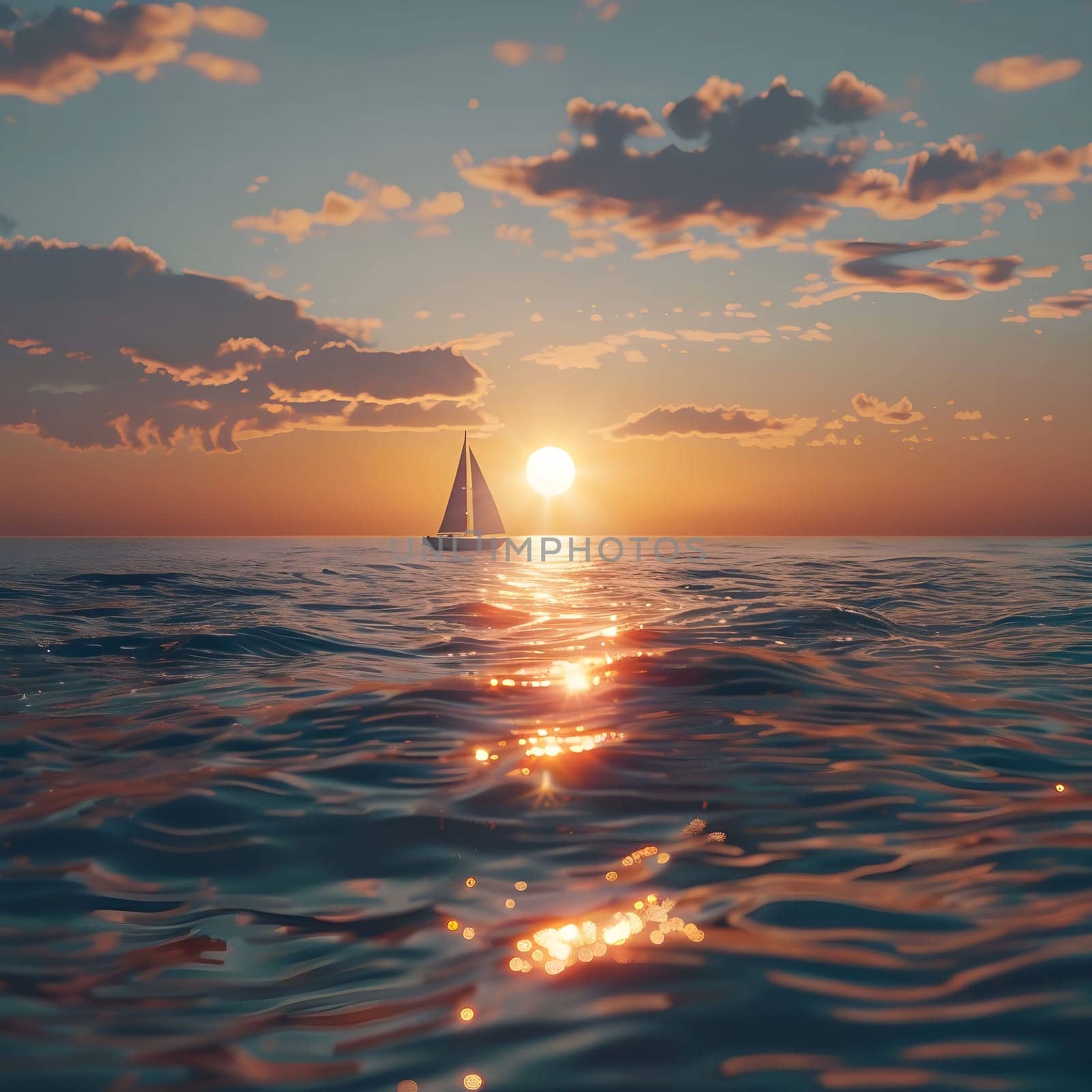 A single sailboat glides across the water at sunset, with a stunning golden light reflecting on the waves.