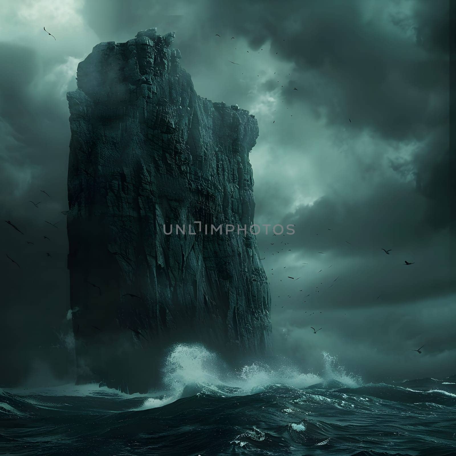 A towering cliff rises dramatically from the stormy sea, shrouded in mist and surrounded by crashing waves.