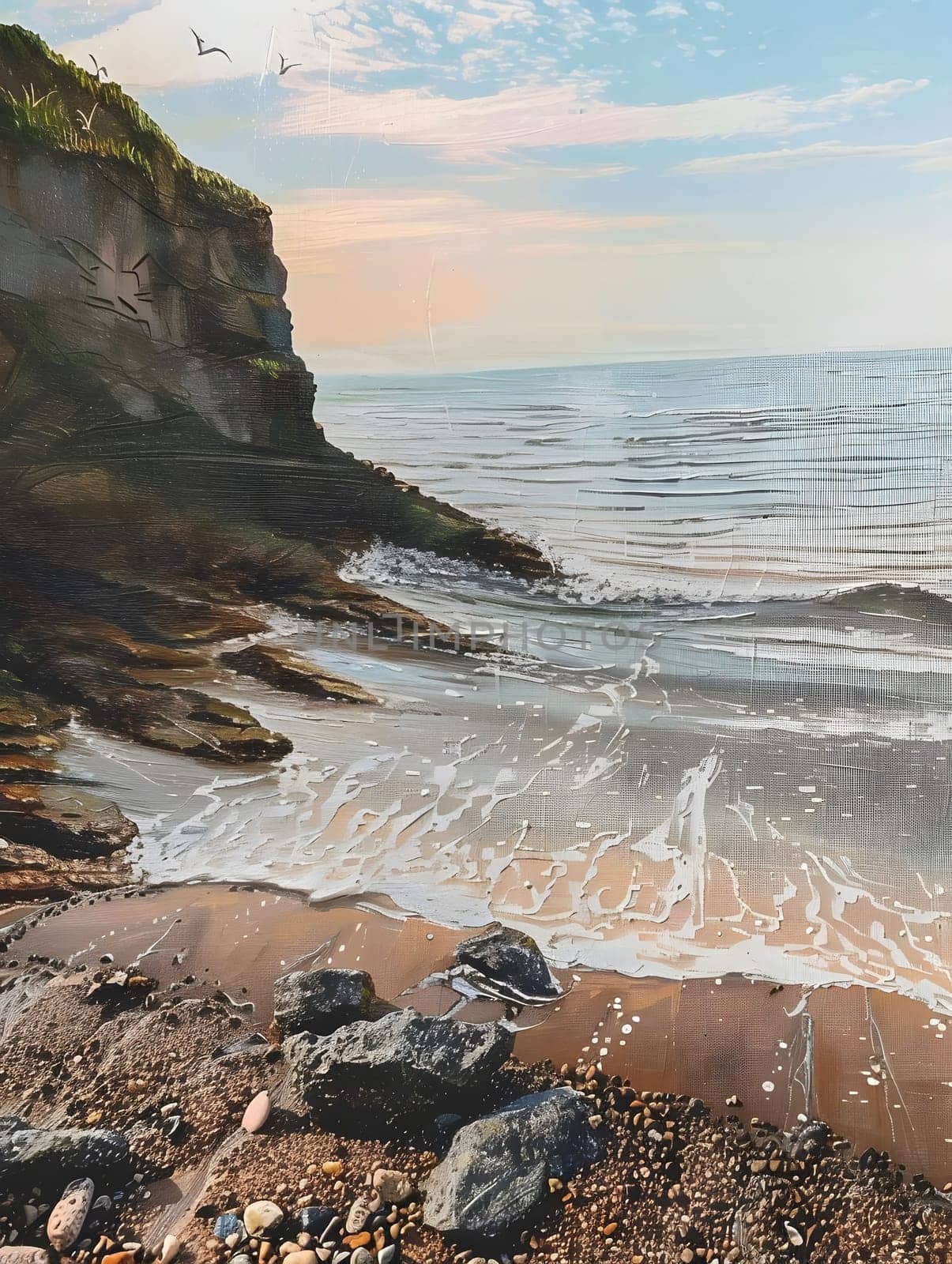 A cliffside seascape with calm blue waters and smooth sand.