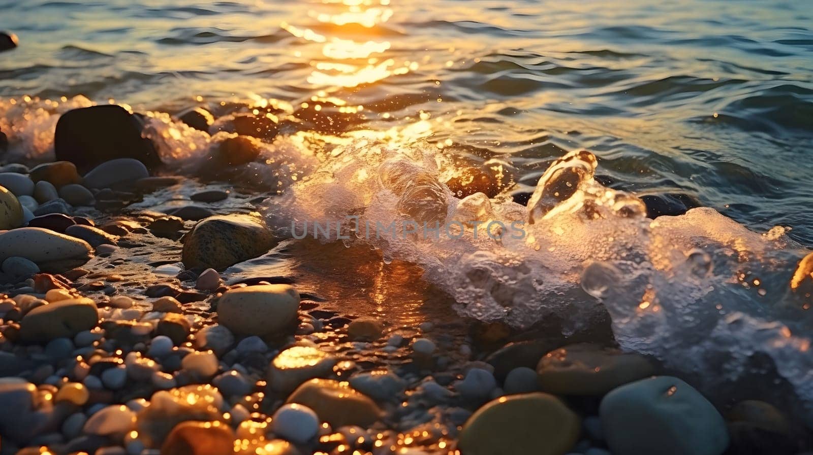 A close up of a wave breaking on a pebbled beach at sunset. The sun's rays reflect off the water, creating a golden glow.