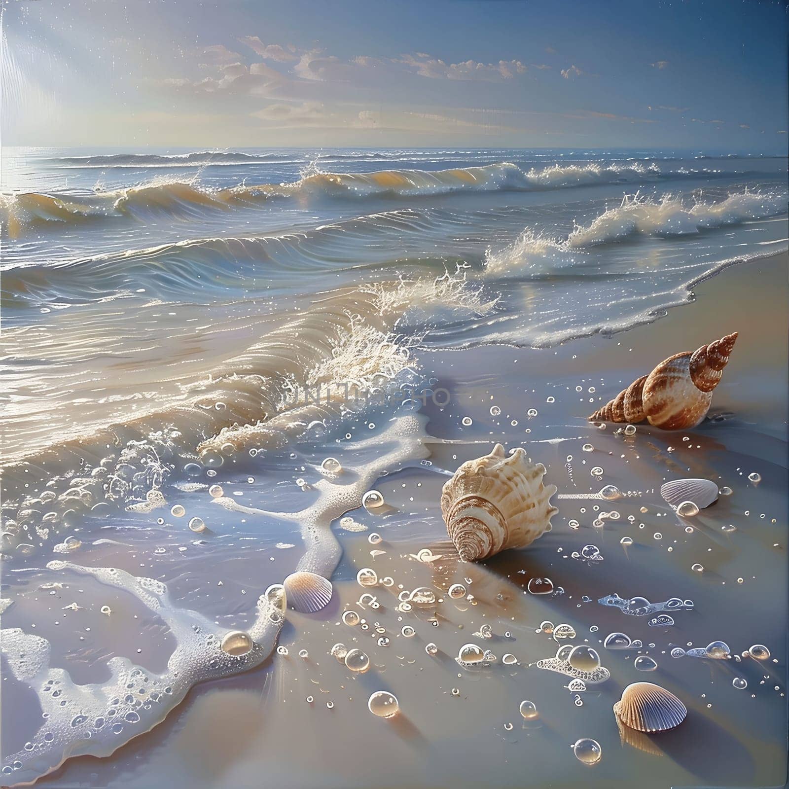 A serene seascape showcasing the beauty of a sandy beach with seashells and foamy waves.