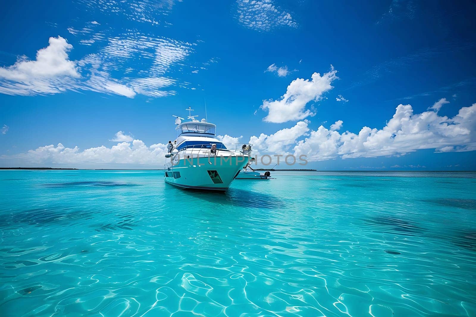 A luxurious white yacht floats effortlessly on a crystal-clear turquoise ocean. The sky is a vibrant blue with fluffy white clouds.