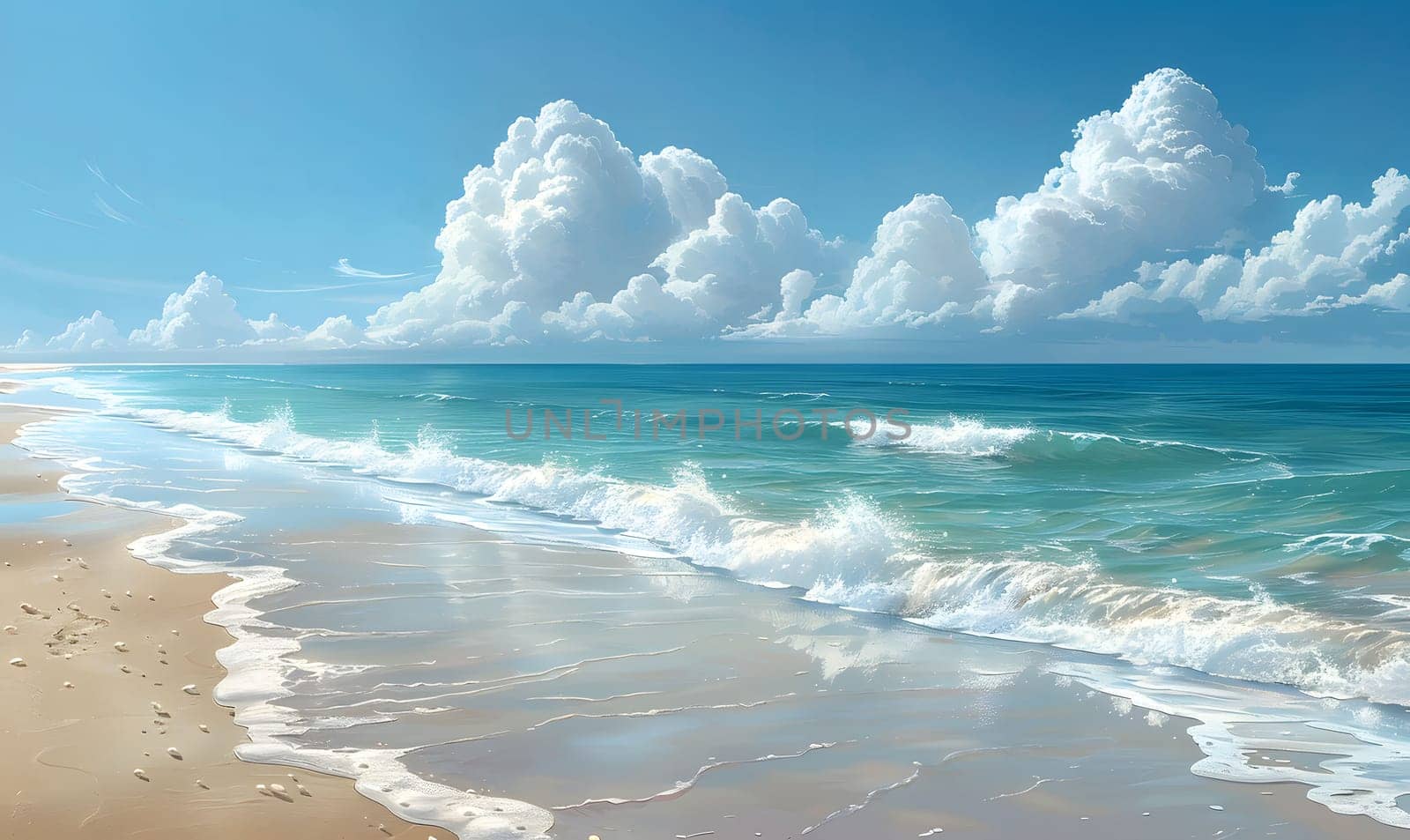 A beautiful seascape with fluffy white clouds against a clear blue sky. The waves gently crash on the sandy beach, creating a serene and relaxing atmosphere.