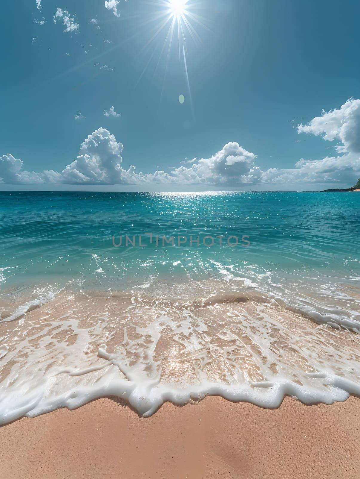 A serene view of a tranquil beach with crystal-clear water, golden sand, and gentle waves lapping at the shore. The sky is bright blue with fluffy clouds and the sun shines brightly.