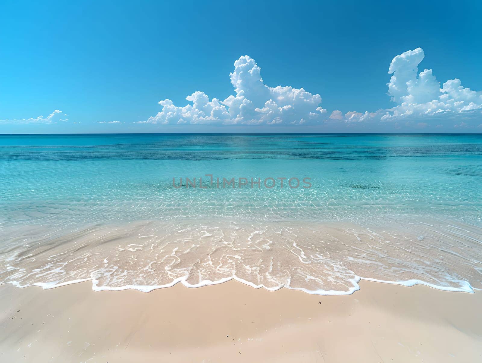A serene beach with crystal clear turquoise water and white sand, under a bright blue sky with fluffy white clouds.