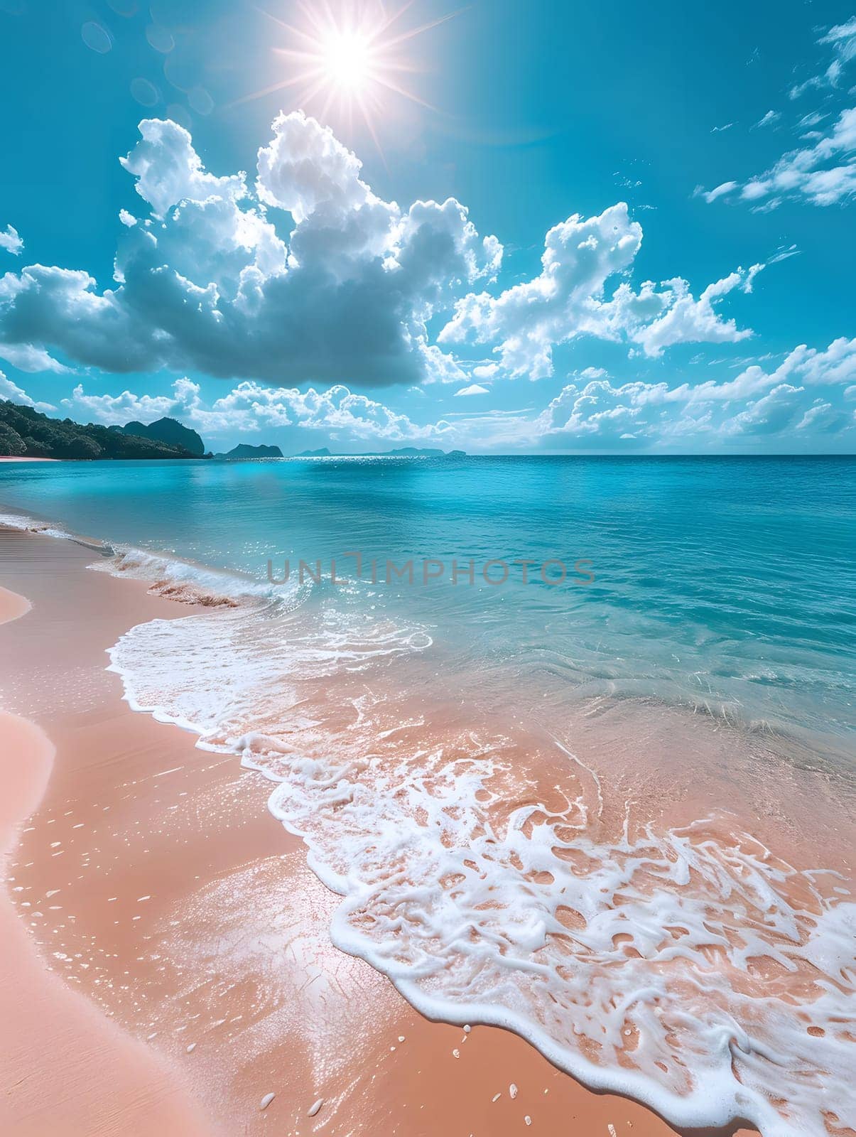 A serene beach with turquoise water, foamy waves, and a clear blue sky. The white sand and gentle waves create a tranquil and inviting atmosphere.