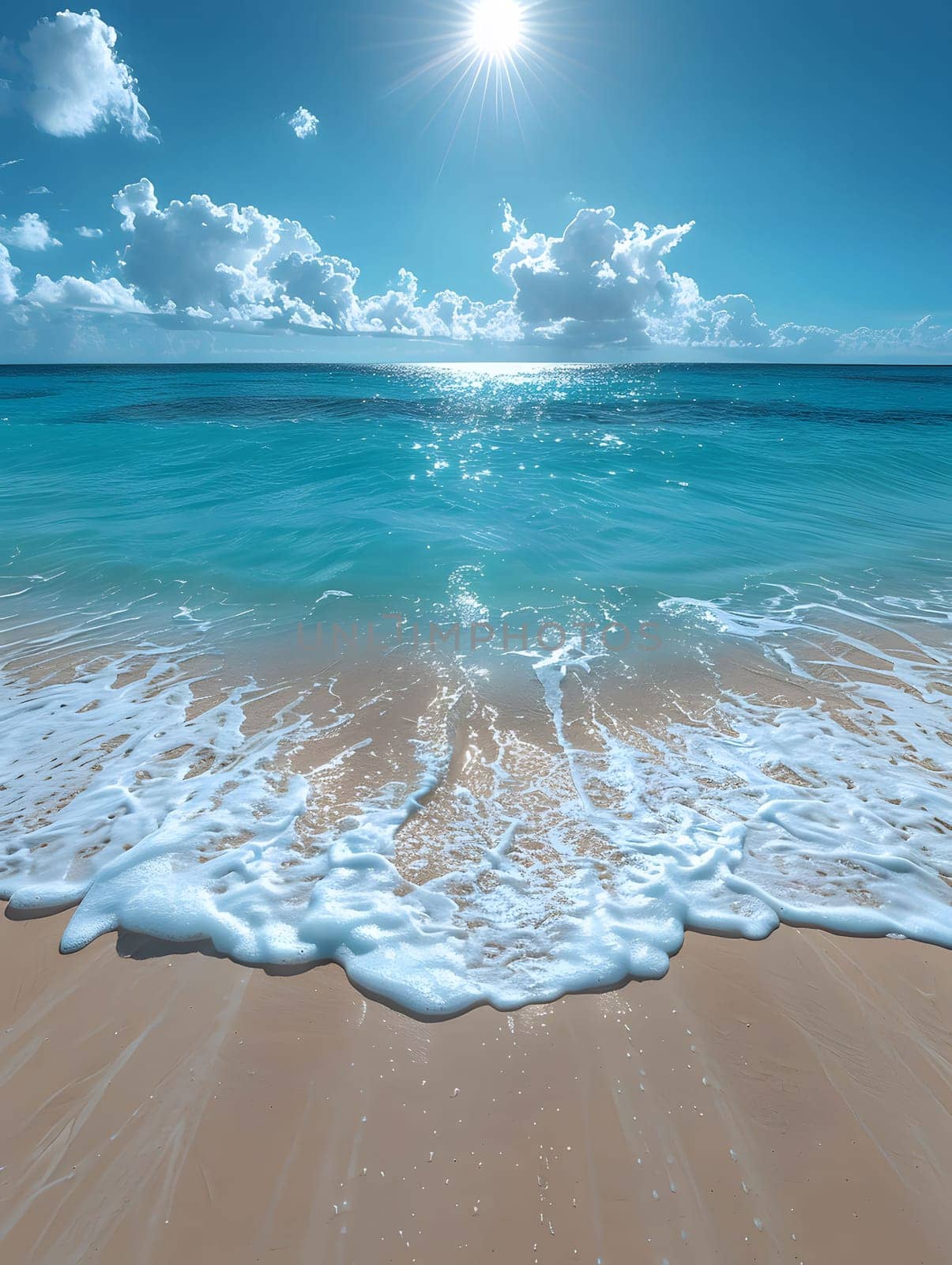 A breathtaking view of a sandy beach with sparkling turquoise water, lapping against the shore, under a bright, sunny sky with fluffy clouds