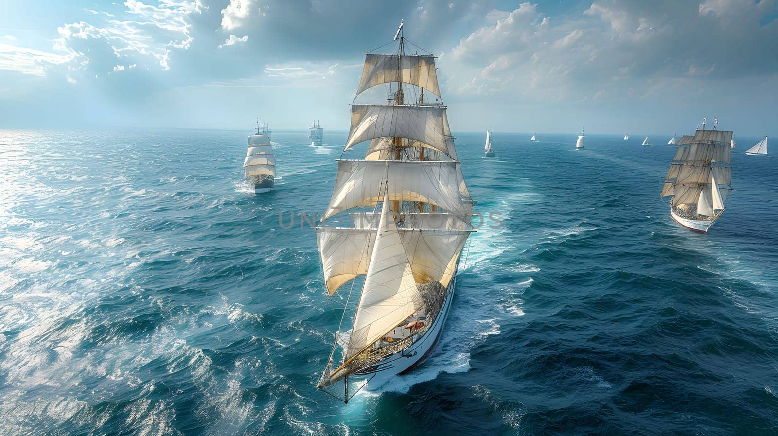 A fleet of sailing ships navigate the vast expanse of the ocean under a bright blue sky dotted with fluffy clouds.